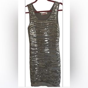 Y2K Body Con Dress S Sequins Sparkle Silver Grey Stretch Mini 31” Bust.